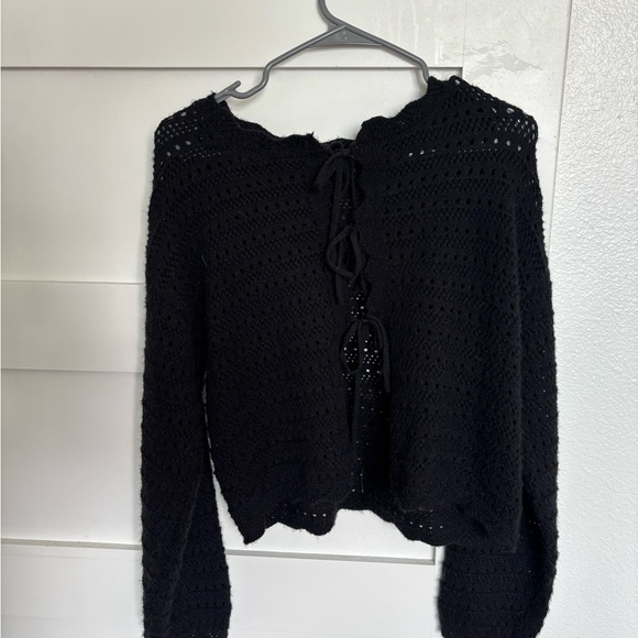 Tie Front Cardigan Scallop Crewneck Long Sleeve Knit Sweater - Picture 7 of 7